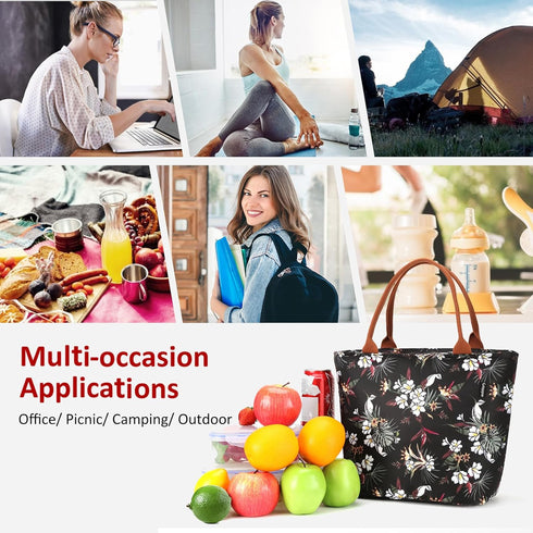 Gloppie Insulated Lunch Bag for Women, Leakproof Lunch Tote with White Flower Design