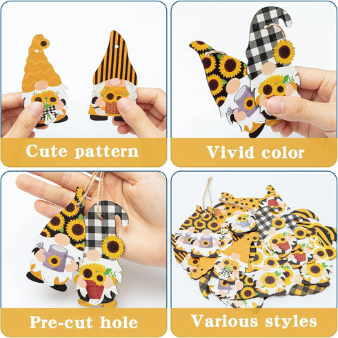 WATINC 25 Pack Sunflower Gnome Wooden Ornaments, Yellow Flower Gnome with Hat Hanging Pendants for Summer Party
