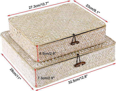 Hipiwe Set 2 of Flat Woven Wicker Storage Bins with Lid Natural Seagrass Basket Boxes Multipurpose Home Organizer Bins