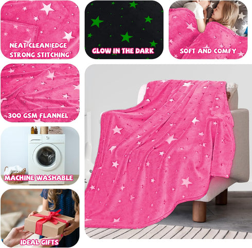 Glow in The Dark Blanket for Kids, Soft Cozy Warm Fuzzy Throw Blanket with Pink Glowing Stars