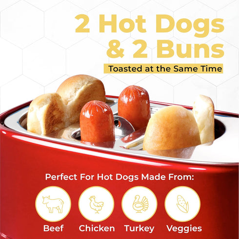 Nostalgia Retro Hot Dog and Bun Toaster with Mini Tongs, 2 Slot Cooker for Chicken, Turkey, Veggie Links, Red