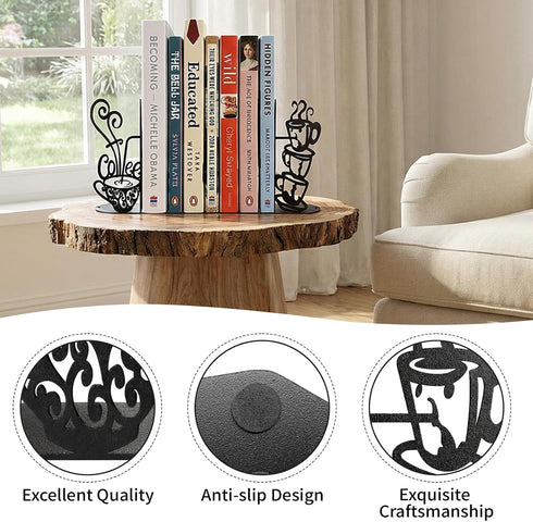 ENCIMART Metal Bookends Creative Coffee Bookends Decorative Cute Kitchen Book Ends for Shelves Bookshelf Home Office