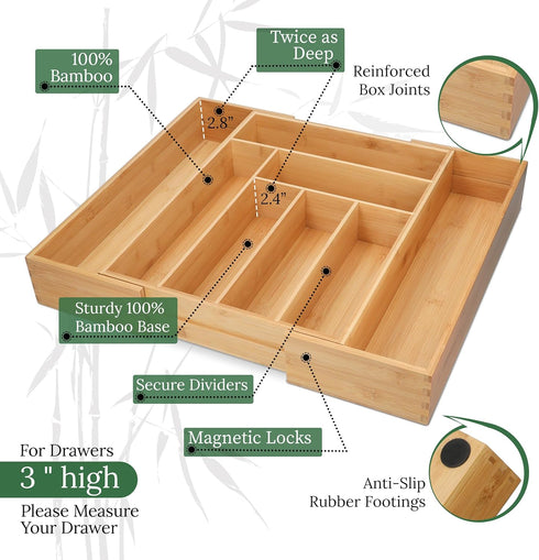 Utensil Drawer Organizer - 3" Deep 100% Bamboo Expandable Adjustable Kitchen Silverware Storage Tray with Magnetic Lock