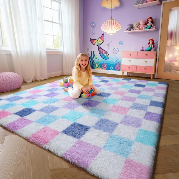 KICMOR Purple Rainbow Checkered 5x7 Area Rugs for Living Room, Colorful Fluffy