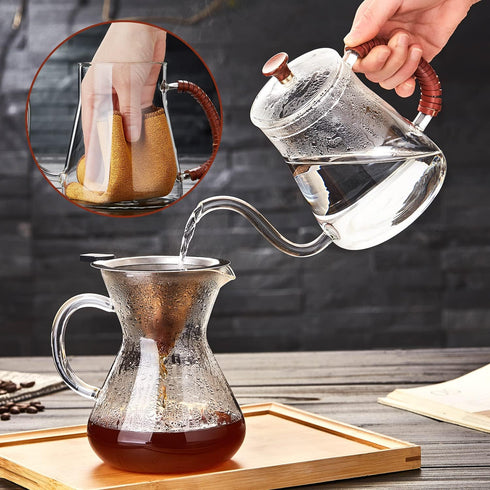 Unbreakable Gooseneck Kettle for Drip Coffee, 20OZ Glass Coffee Kettle with Lid for Stove Top