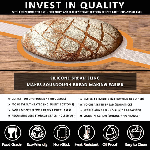 KITMAL Non Stick Reusable Silicone Baking Mat with Long Handles, Silicone Bread Sling Oval and Round, Orange