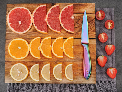 WELLSTAR Utility Knife, 4 Inch Serrated Paring Knife with Super Sharp Rainbow High Carbon Stainless Steel Blade