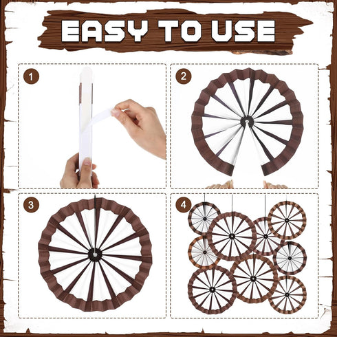 Outus 9 Pcs Wagon Wheel Decorations Paper Fans for Western Cowboy Themed Classroom Party Decor