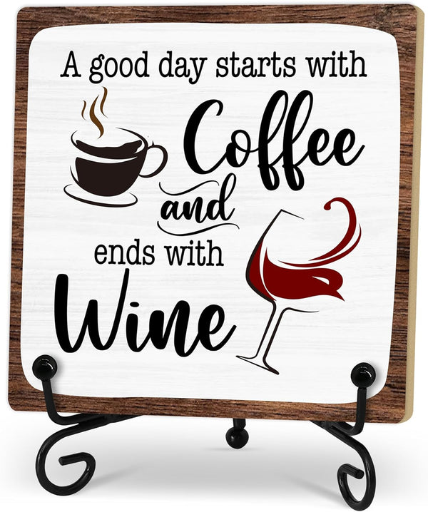 Coffee And Wine Desk Decor Sign, Rustic Wooden Sign With Stand, A