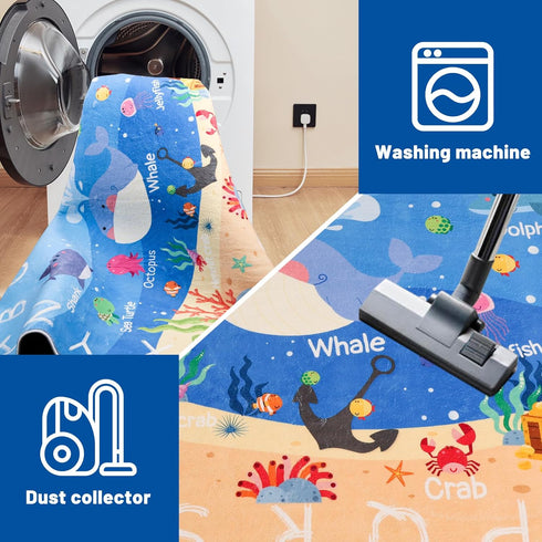 Playroom,59"X39.4" Kids Rugs for ABC Alphabet Whale Kids Rug,Non-Slip Ocean Kid Rug Play Mat,Washable Educational