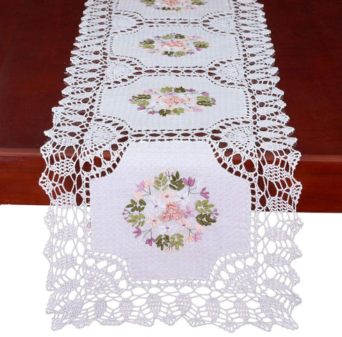 Dresser Scarf Handmade Crochet Cotton Lace Table Runner, Ribbon Embroidery (17 x 56 inches)
