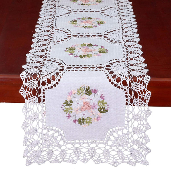 Dresser Scarf Handmade Crochet Cotton Lace Table Runner, Ribbon Embroidery (17 x 56 inches)