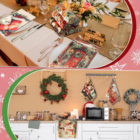 VitalCozy 12 14.2 21.3 Inch Pcs Christmas Kitchen Towels and Dishcloths Xmas Santa Christmas Tree Reindeer Snowman