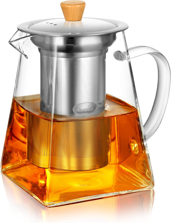 CNGLASS 24oz Glass Teapot with Infuser, Clear Kettle with Removable Stainless Steel Strainer, Stovetop Safe