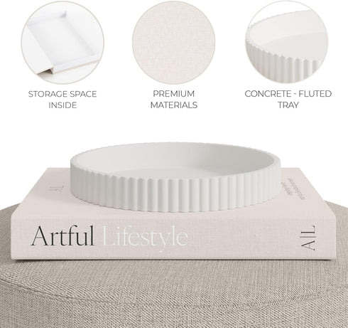 Set Decorative Concrete Tray & Book Decor - Scalloped Tray & Linen Box Enhance Your Coffee Table or Bookshelf Decor