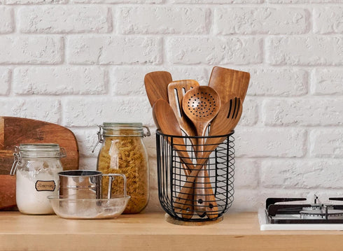 MosJos Extra Large Black Utensil Holder 7.2 x 6.2 with Wooden Base - Farmhouse Kitchen Countertop Organizer for Cooking