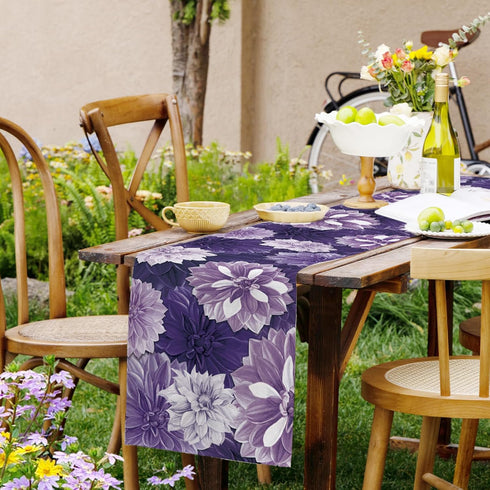 Summer 13x108 Inch Purple Dahlia Flower Spring Table Runner Purple Gray Burlap Table Runners, Floral Seasonal Coffee