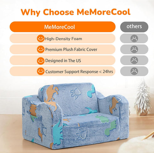 1-3, 2-in-1 MeMoreCool Glowing Dinosaur Kids Chair, Glow-in-the-Dark Kids Couch for Boys Ages Convertible Fold-Out Sofa
