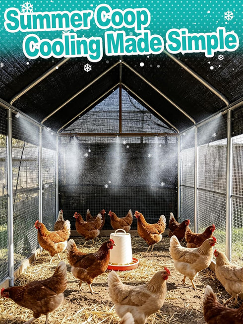 Summer 39.4ft 3/4" 11 Nozzles, Pre-Assembled Chicken Coop Misting System for Cooling - Leak-Resistant Mist Hose Kit