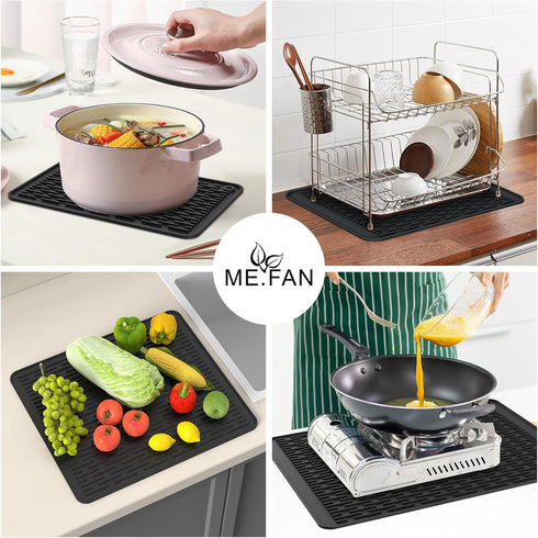 ME.FAN Silicone Dish Drying Mat for Kitchen Counter, Dish Drying Pad for Sink, 12'' x 8'' (Black)