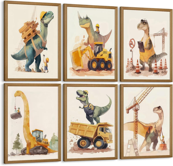Youillne Dinosaur Nursery Wall Art Boys Room Canvas Wall Decor Construction Toddler Poster