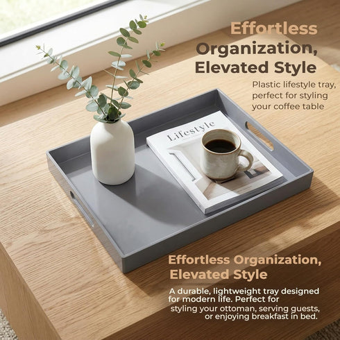 15.7 11.8 x1.6 Grey Decorative Tray, Rectangular Large Serving Tray with Handles, Plastic Coffee Table Tray
