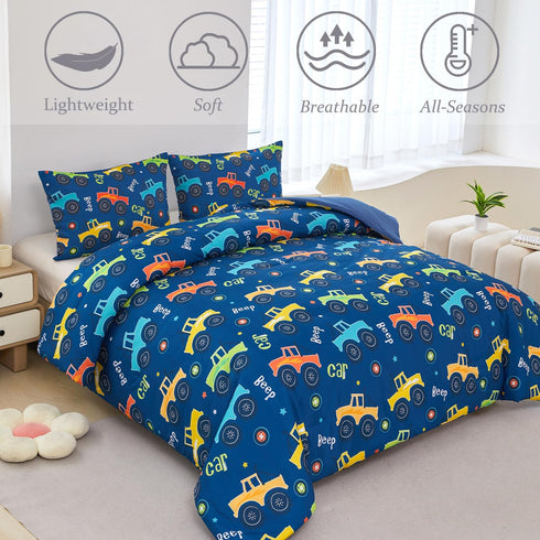 Set 3 Set Sets ZRNBAST Cartoon Car Kids Comforter Full Pieces Construction Bedding for Boys Deep Blue Trucks Bedding