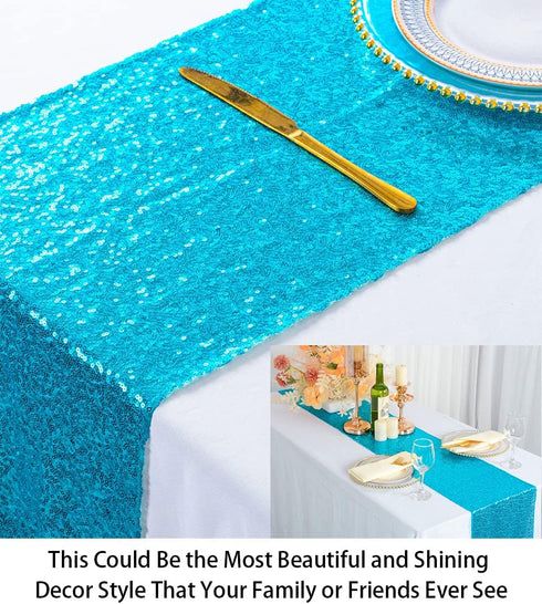 ShiDianYi Turquoise Sequin Table Runner, 14" x 108" Aqua Blue