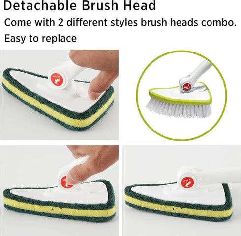 CQT 2 in 1 Bathroom Cleaning Brush, 48" Extendable Long Handle with Detachable Scrub Brush and Scouring Pads