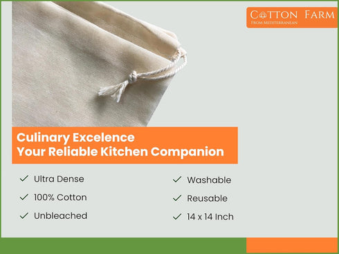 14 14 Inch, 100% Cotton Farm Nut Milk Bag & Cheese Cloth Bag (Ultra Dense), XL Unbleached Cotton Cheesecloth