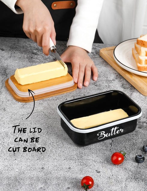 AISBUGUR Metal Butter Dish with Lid, Large Black Butter Keeper with Stainless Steel Knife, Kitchen Gift