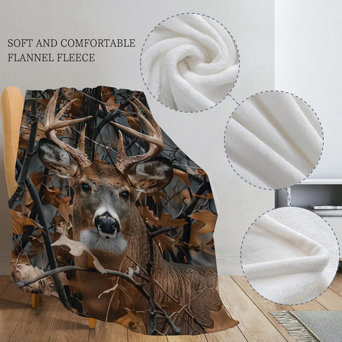 Camo,80"x60" KOYI Camo Gifts for Men, Camo Buck Blanket, Realistic Camo Leaves with Deer Blanket, Deer Gifts for Men