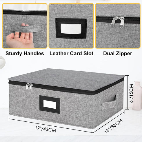 Coffee Mug Storage Box with Dividers - Durable China Storage Container for 12 Mugs, Stackable with Lid (Grey)