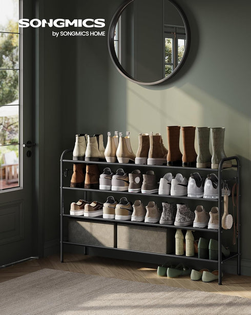 4-Tier 4 24 Closet, SONGMICS Shoe Rack, Shoe Organizer, Fabric Shoe Shelf Storage with Hooks, Holds up to Pairs