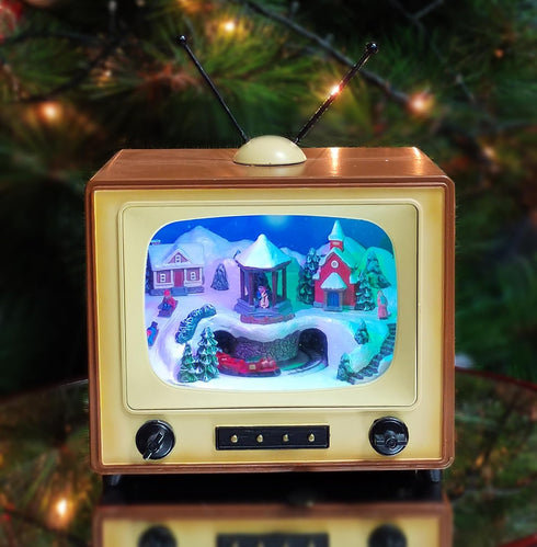 MOMENTS IN TIME 6" Retro TV Christmas Village Scene Animated Train, LED