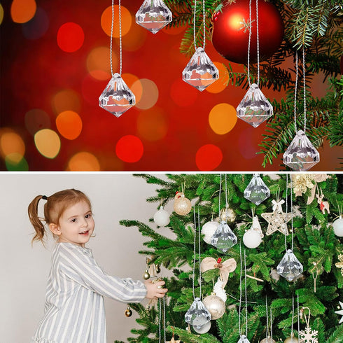 60 Pieces Acrylic Crystal Ball Christmas Tree Ornaments, Acrylic Diamond Pendants with Silver Thread for Decorations