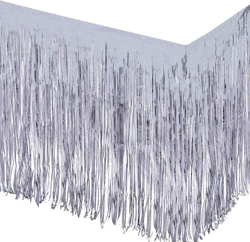 Allgala 2-Pack Silver Tinsel Table Skirt, 29x108 Inch Metallic Foil Fringe for Party Event, Parade Float Decoration
