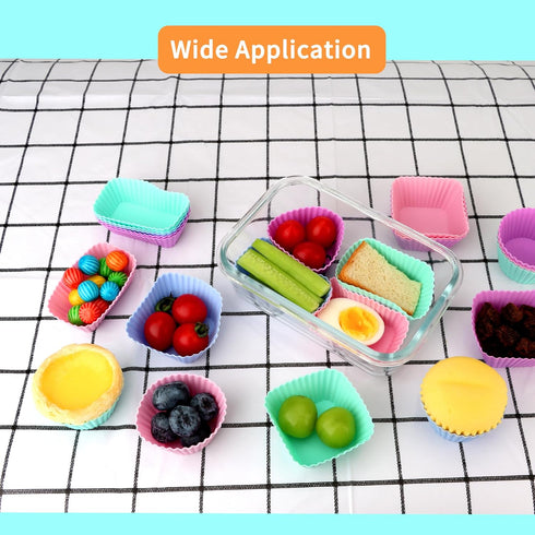 24 pcs Silicone Cupcake Baking Cups, Reusable Non-Stick Liners for Muffins, Pastry Cake Molds in 3 Shapes Multicolor