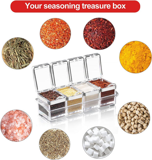 Set, 4 Acrylic Seasoning Box Piece Clear Premium Quality Storage Rack Spice Pots Condiment Jars for Salt Sugar Cruet