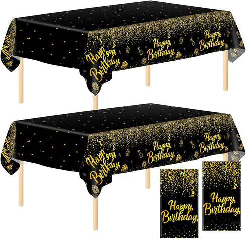 Aneco 2 Pack Black Gold Happy Birthday Tablecloths - Party Table Covers for Decorations (108 x 54 Inches)