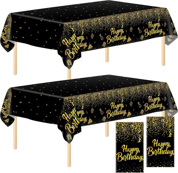 Aneco 2 Pack Black Gold Happy Birthday Tablecloths - Party Table Covers for Decorations (108 x 54 Inches)