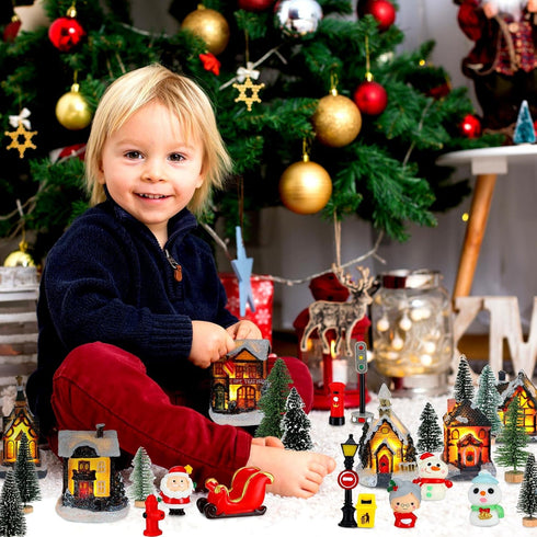 29 Set Woanger Pieces Christmas Village LED Lighted Houses for Christmas Village Xmas Scene Figurines Decoration