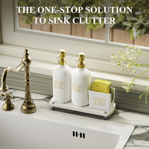 Set Set Cisily Kitchen Soap Dispenser Comes with Ceramics Sponge Holder, Gold Pumps, and Instant Dry Tray, Hand