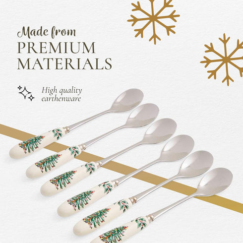 Spode Christmas Tree Teaspoons Set of 6, 6-Inch Stainless Steel Holiday Silverware with Porcelain Handles