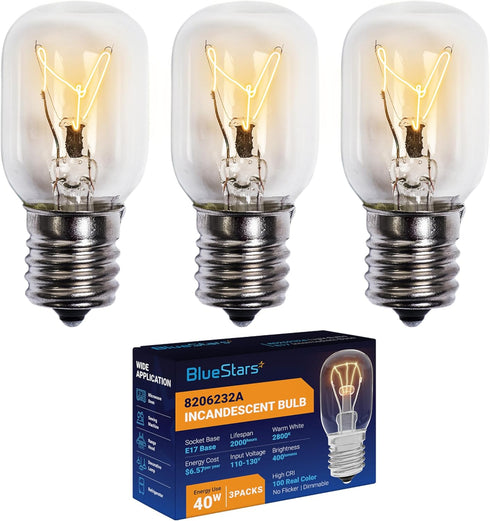 BlueStars 8206232A Microwave Oven Light Bulb, 40W 125V E17 Base, 3 Packs, Compatible with Whirlpool