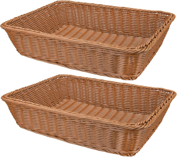 Yarlung 2 Pack Poly Wicker Woven Bread Basket, 15.7 Inch Rectangular Food Serving Holders for Kitchen, Brown