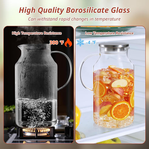 CMLKLZD 1 Gallon Glass Pitcher with Lid and Handle, Glass Water Carafe for Hot/Cold Water, Large Jug for Iced Tea