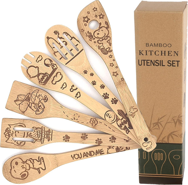 Bejky 6-Pcs Wooden Bamboo Spoons Set, Organic Cooking Utensils with 3D Engraved Patterns, Cookware Gifts