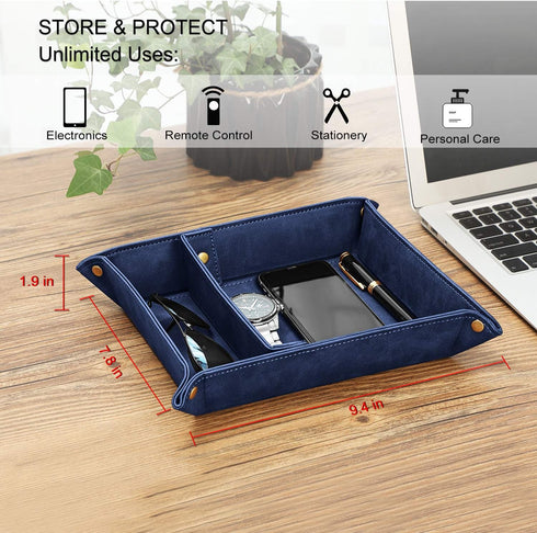 SITHON Dark Blue Valet Tray Organizer, Removable 2 Compartment Catchall Tray for Bedside, Vanity, Nightstand