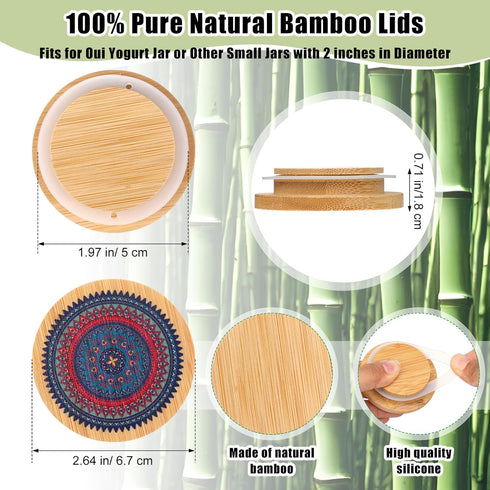 Yaomiao 12 Set, 24 Pieces Yogurt Jar Lids Reusable Bamboo Mandala Pattern Lids with Silicone Sealing Rings and Pcs